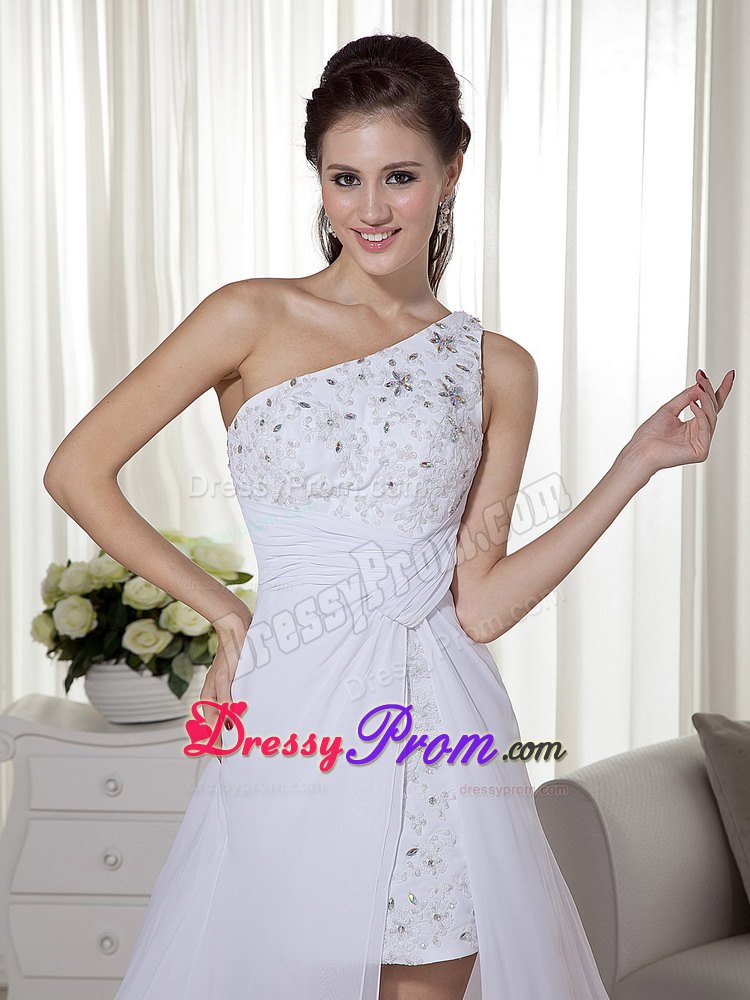 White One Shoulder High-low Chiffon Beading Prom Gown