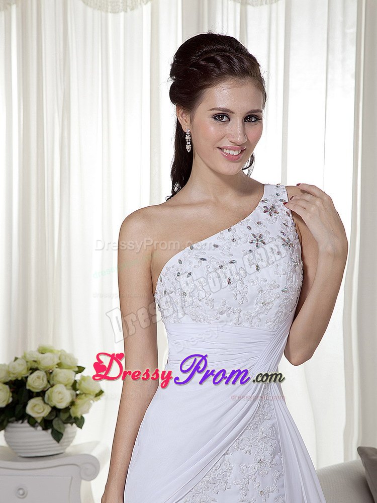 White One Shoulder High-low Chiffon Beading Prom Gown