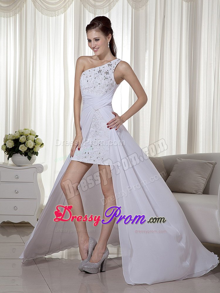 White One Shoulder High-low Chiffon Beading Prom Gown