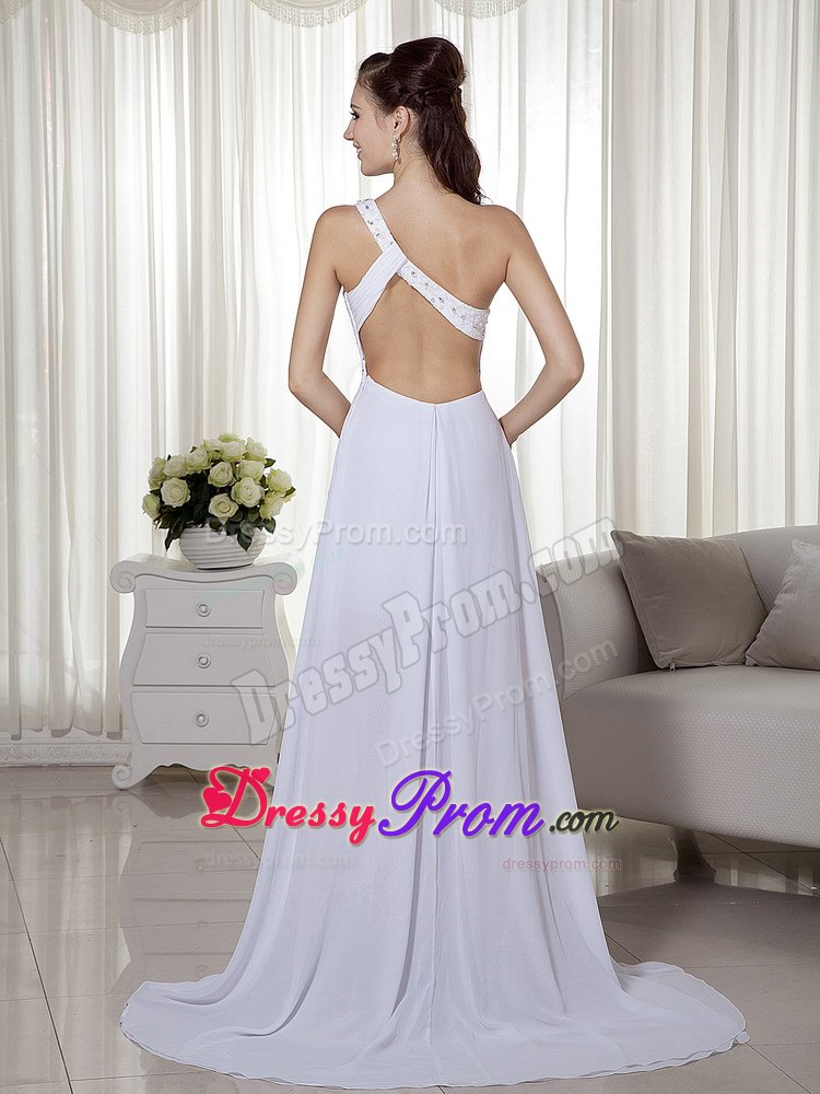White One Shoulder High-low Chiffon Beading Prom Gown