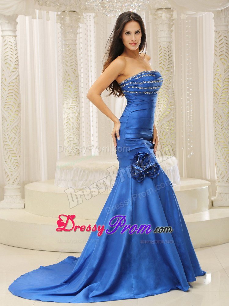 Mermaid Royal Blue Beaded Prom Dress with Court Train