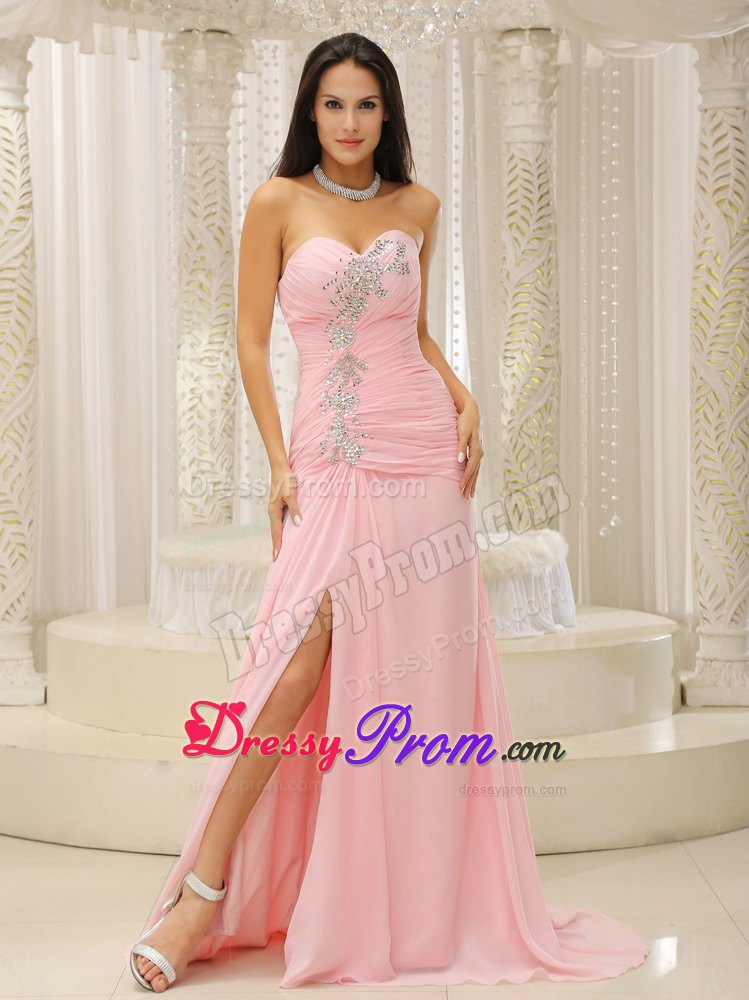 Elegant Sweetheart Ruched Pink Prom Dress with Slit on Sale