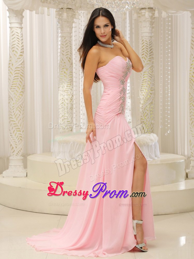 Elegant Sweetheart Ruched Pink Prom Dress with Slit on Sale