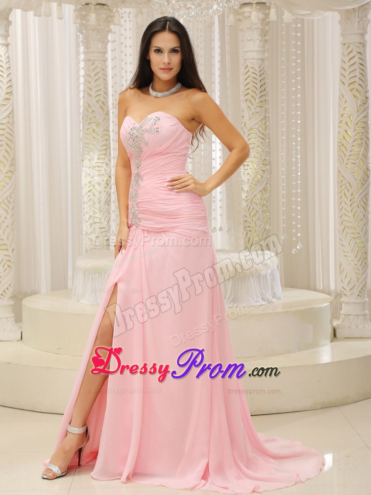 Elegant Sweetheart Ruched Pink Prom Dress with Slit on Sale