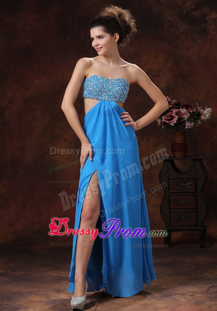 Discount Aqua Strapless Beaded Chiffon Prom Gown with Slit