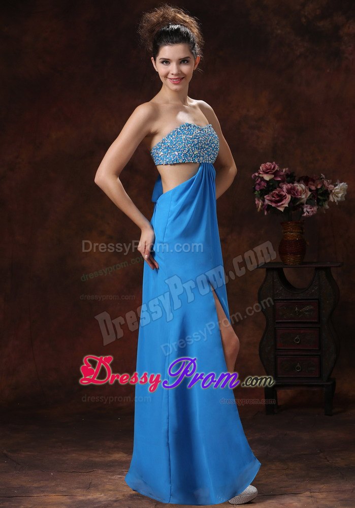 Discount Aqua Strapless Beaded Chiffon Prom Gown with Slit