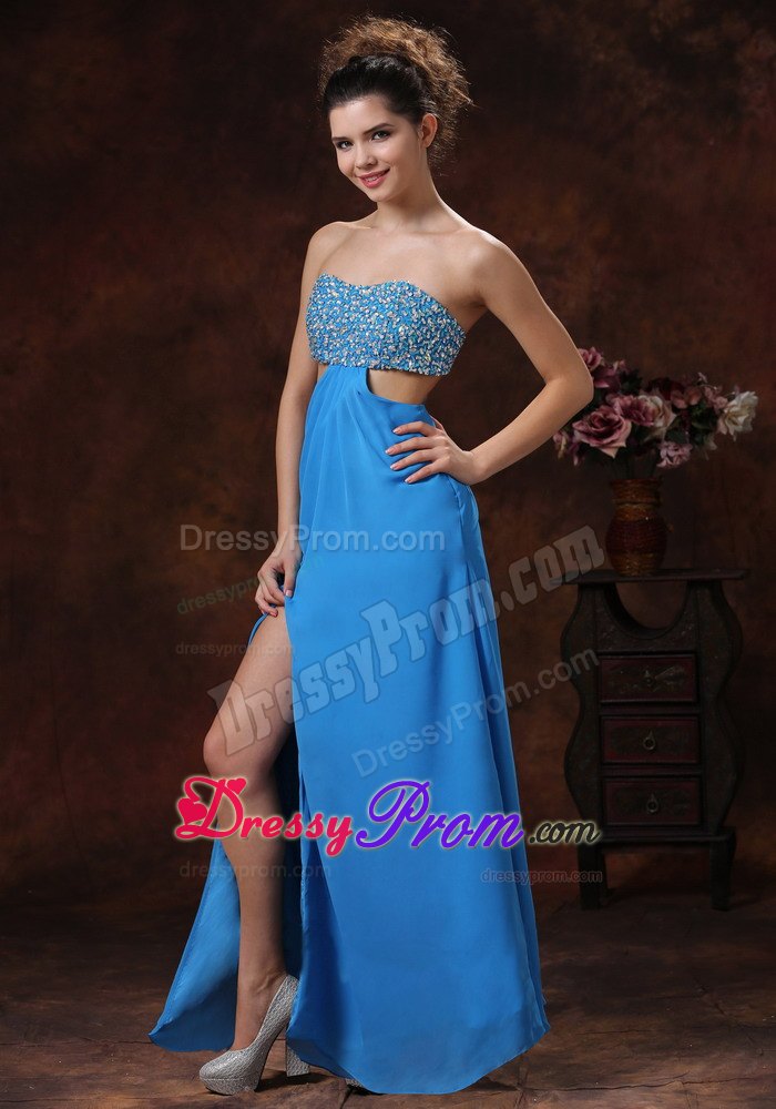 Discount Aqua Strapless Beaded Chiffon Prom Gown with Slit