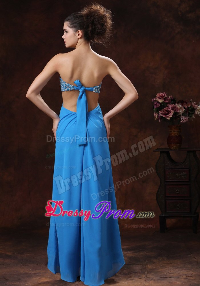 Discount Aqua Strapless Beaded Chiffon Prom Gown with Slit