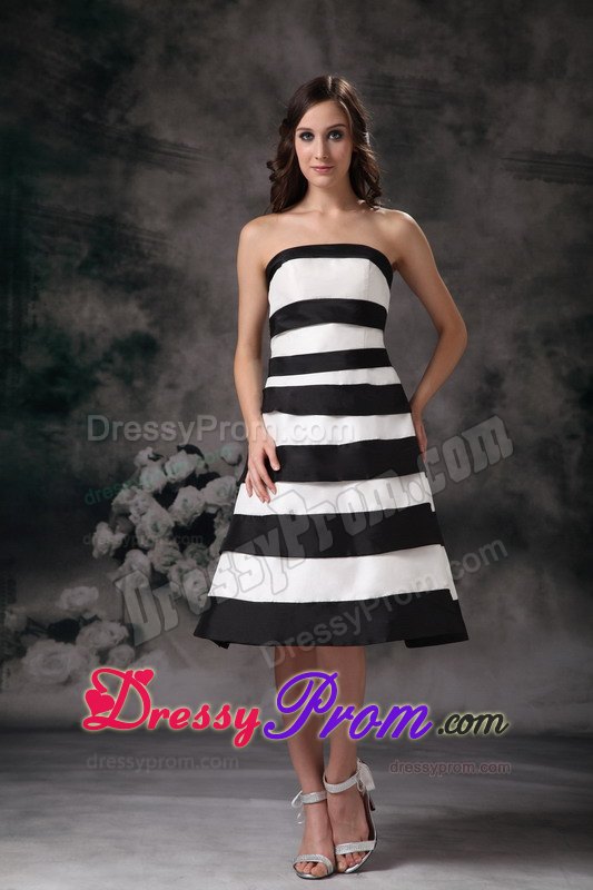 Black and White A-line Strapless Knee-length Prom Dress