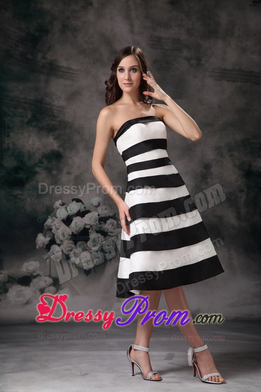 Black and White A-line Strapless Knee-length Prom Dress