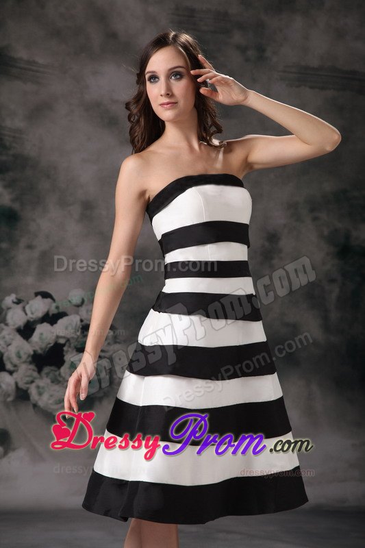 Black and White A-line Strapless Knee-length Prom Dress