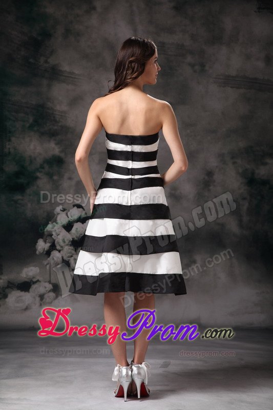 Black and White A-line Strapless Knee-length Prom Dress
