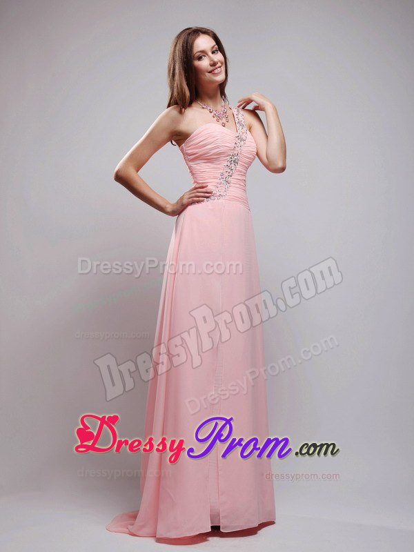 Empire One Shoulder Brush Train Chiffon Beaded Prom Dress
