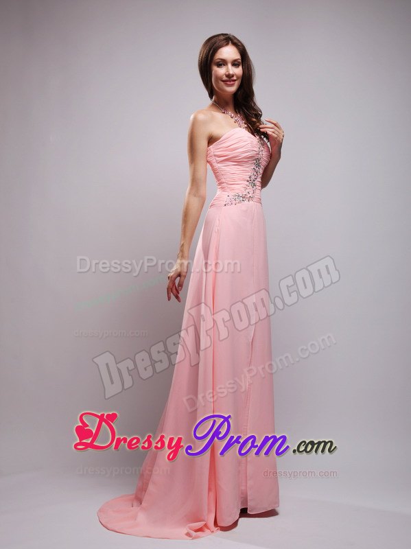 Empire One Shoulder Brush Train Chiffon Beaded Prom Dress