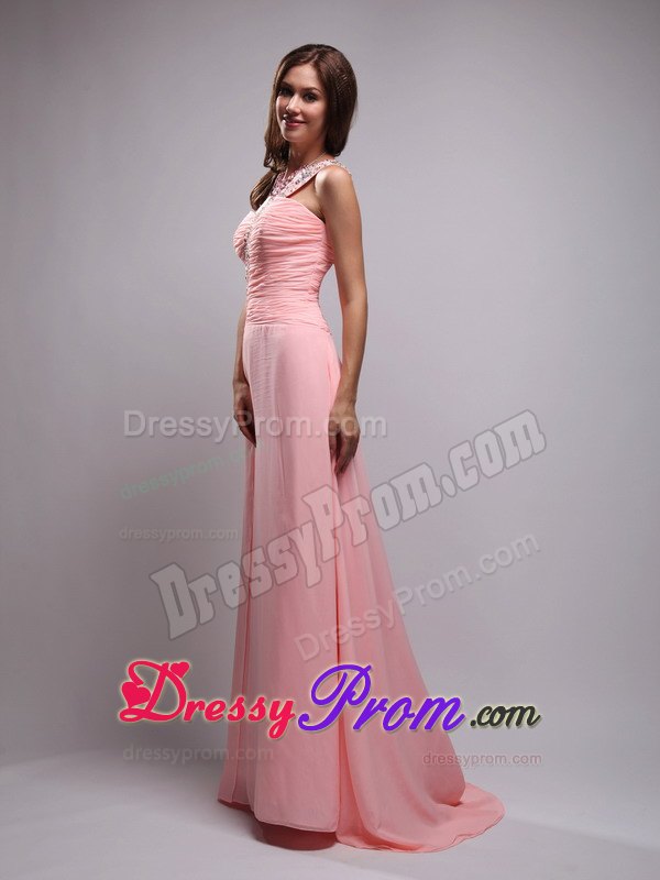 Empire One Shoulder Brush Train Chiffon Beaded Prom Dress