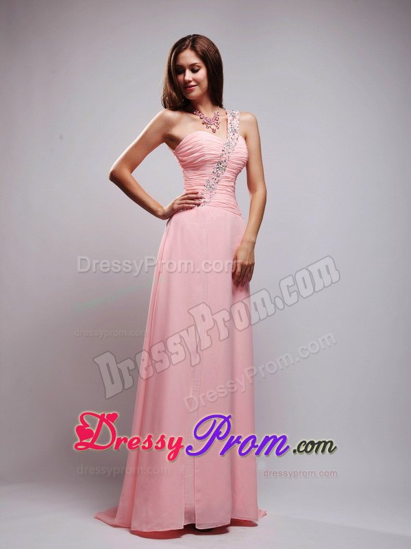 Empire One Shoulder Brush Train Chiffon Beaded Prom Dress
