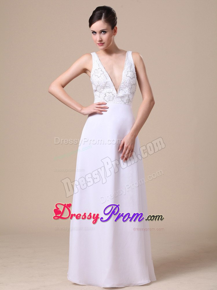 White V-neck Chiffon Prom Dress with Floral Design Beading