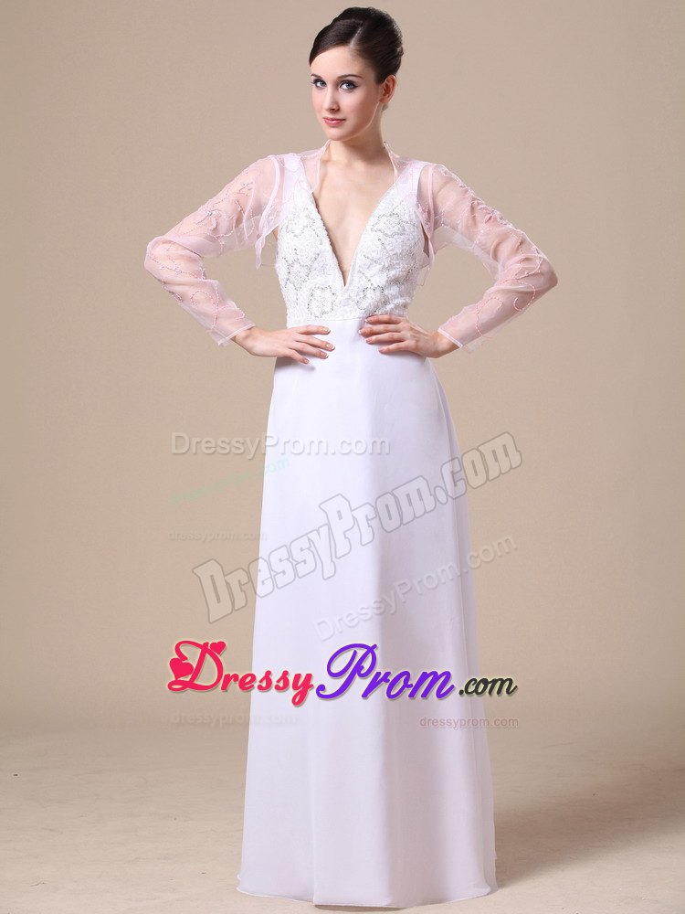 White V-neck Chiffon Prom Dress with Floral Design Beading