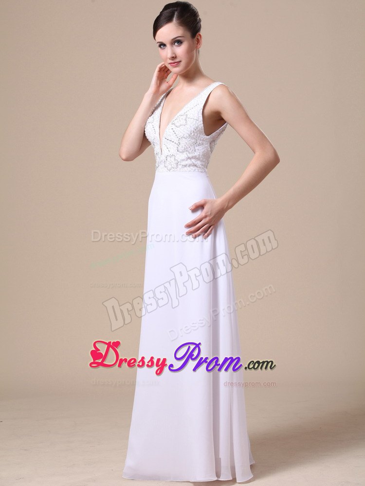 White V-neck Chiffon Prom Dress with Floral Design Beading