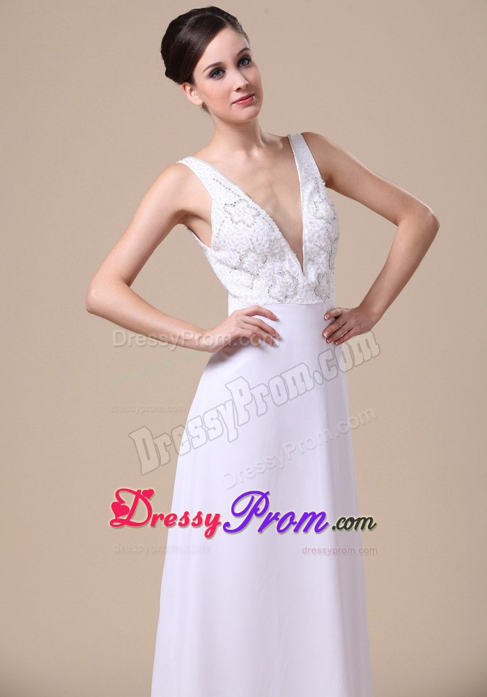 White V-neck Chiffon Prom Dress with Floral Design Beading