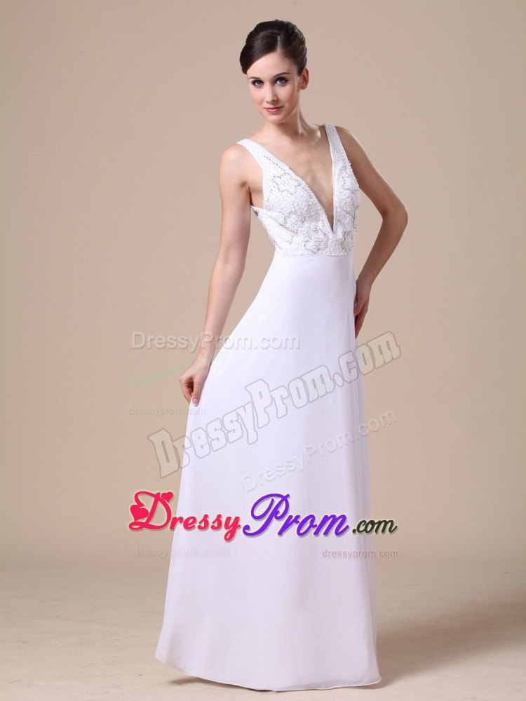 White V-neck Chiffon Prom Dress with Floral Design Beading
