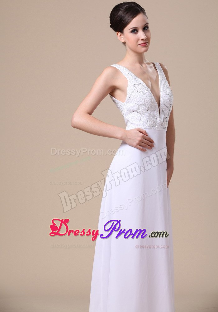 White V-neck Chiffon Prom Dress with Floral Design Beading