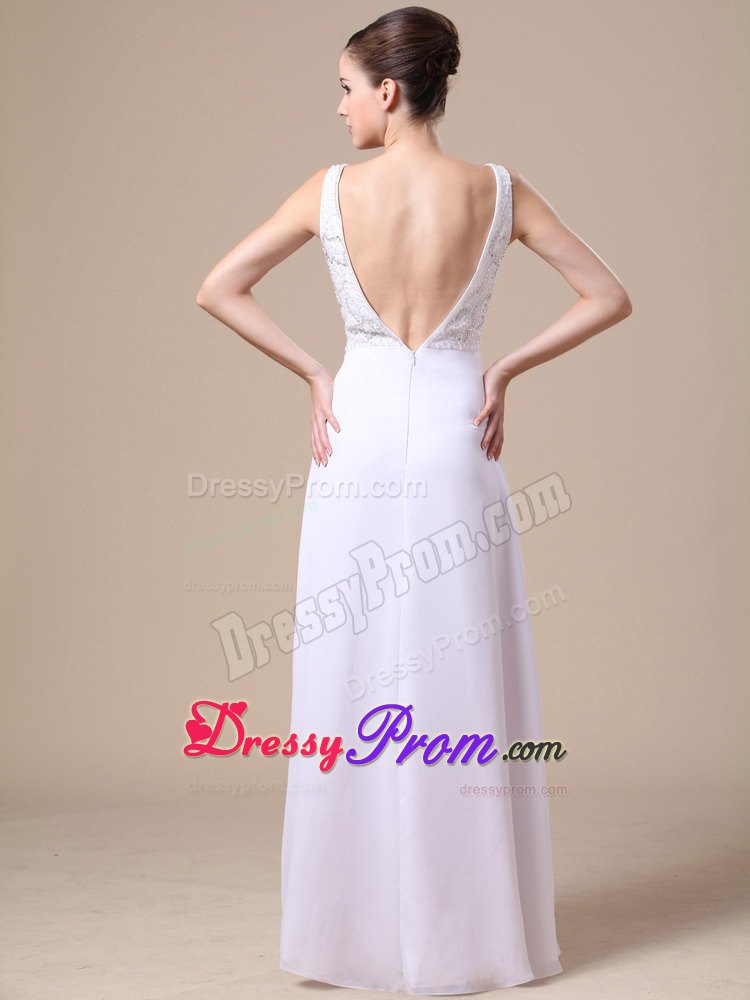 White V-neck Chiffon Prom Dress with Floral Design Beading