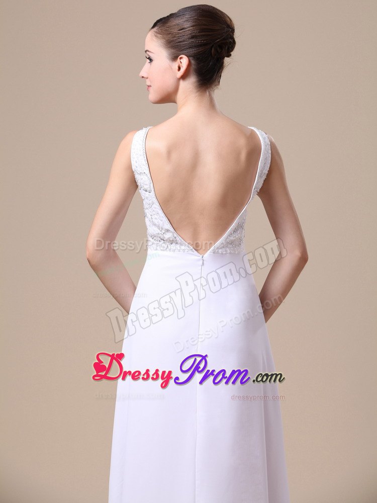 White V-neck Chiffon Prom Dress with Floral Design Beading