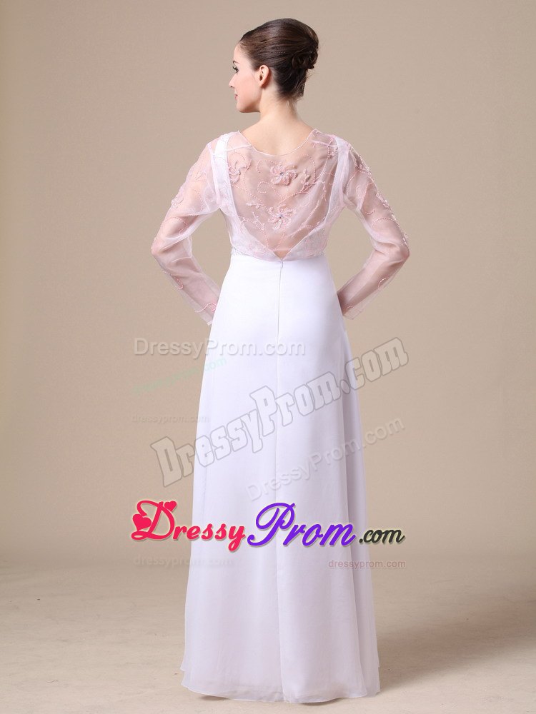 White V-neck Chiffon Prom Dress with Floral Design Beading