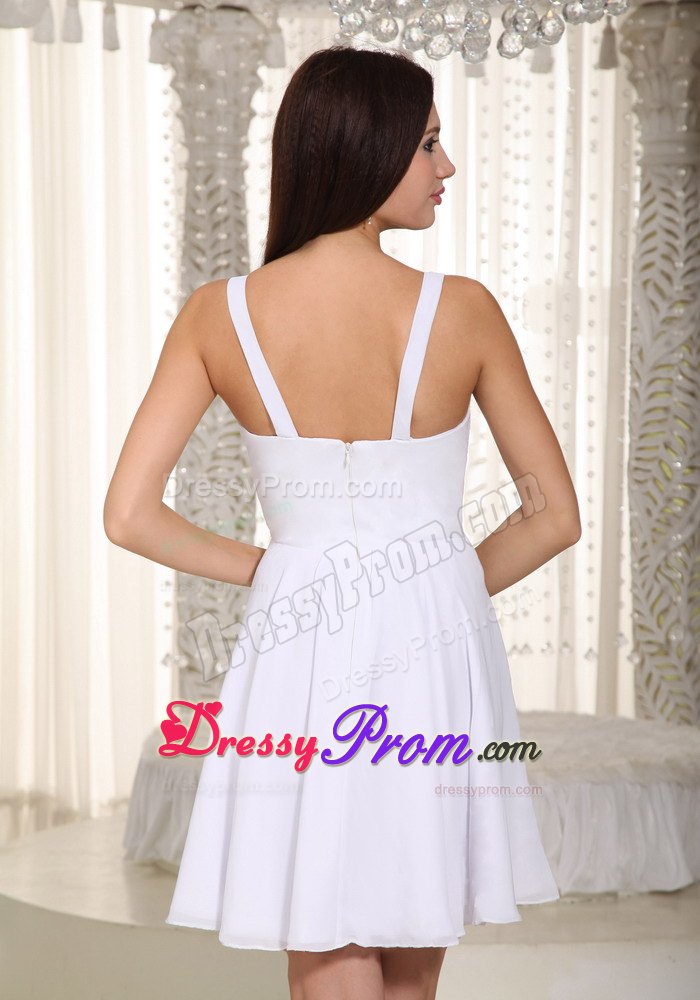 White Scoop-neckline Straps Mini-length Chiffon Beading Prom Dress
