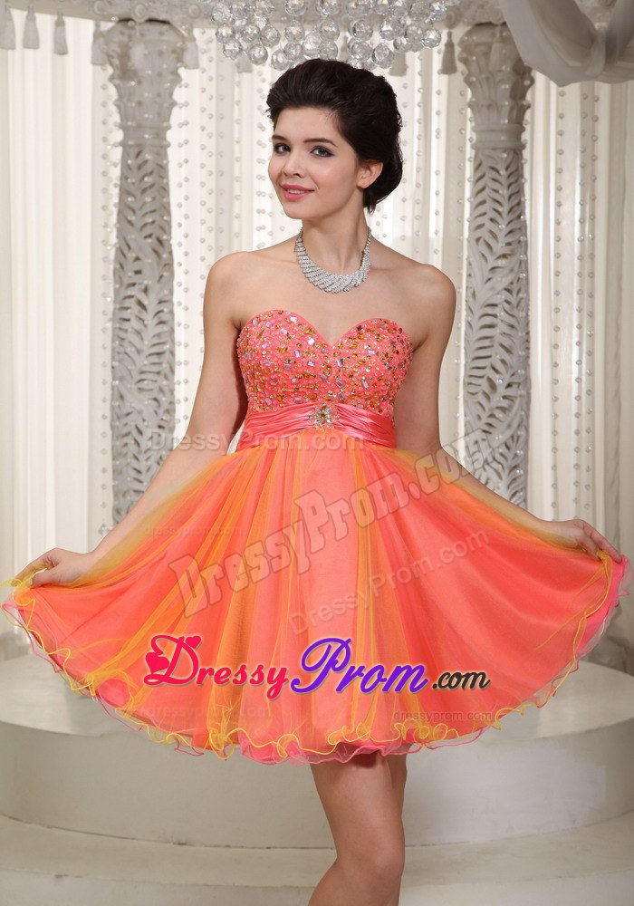 Two-tone A-line/Princess Sweetheart Mini-length Tulle Beading Prom Dress