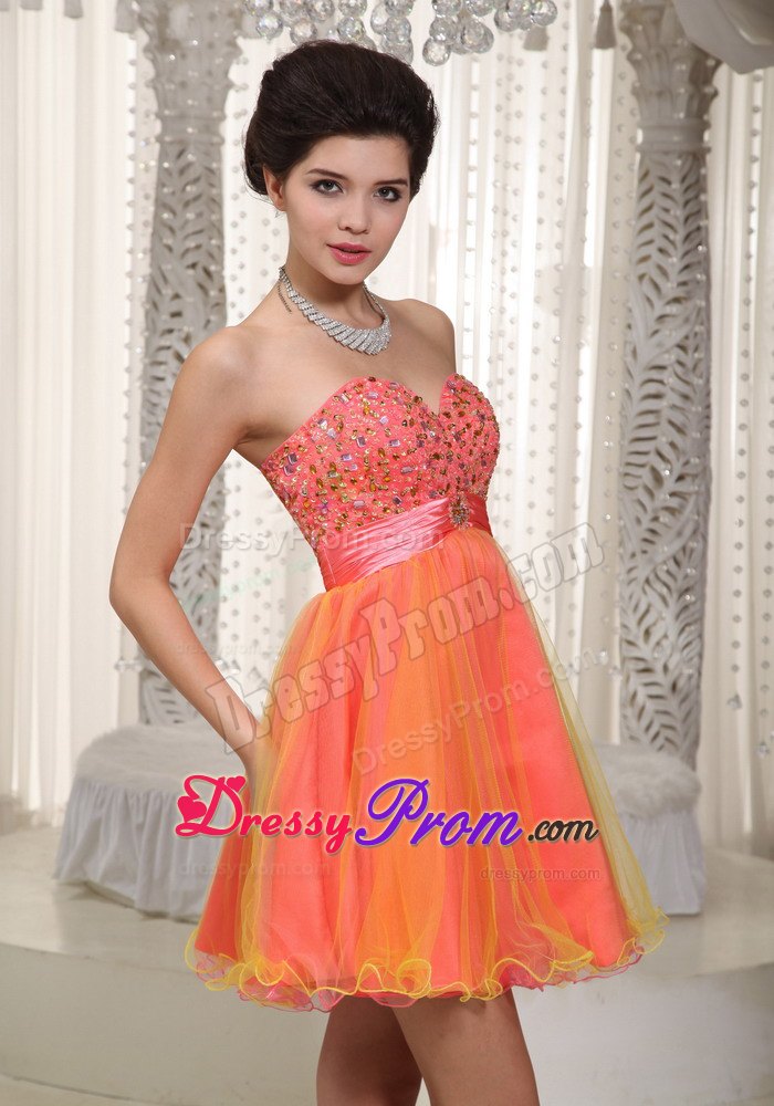 Two-tone A-line/Princess Sweetheart Mini-length Tulle Beading Prom Dress