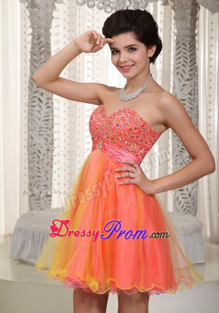 Two-tone A-line/Princess Sweetheart Mini-length Tulle Beading Prom Dress