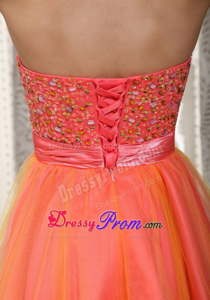 Two-tone A-line/Princess Sweetheart Mini-length Tulle Beading Prom Dress