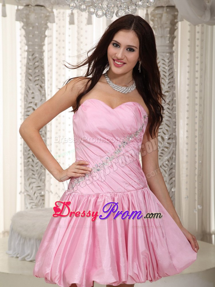 Pink Sweetheart Mini-length Taffeta Beading Prom Dress with Buble Skirt