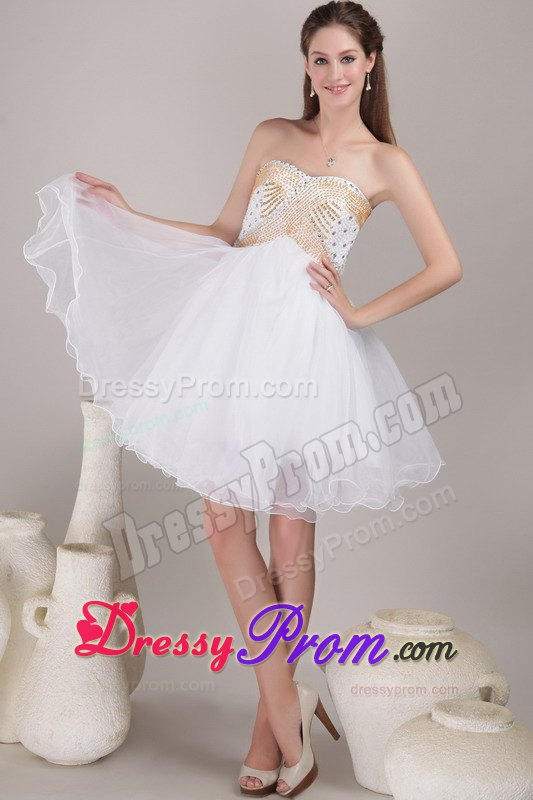White and Gold A-line weetheart Knee-length Organza Prom Dress with Beading