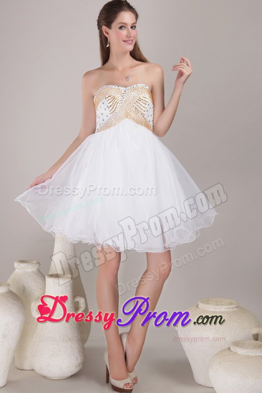 White and Gold A-line weetheart Knee-length Organza Prom Dress with Beading