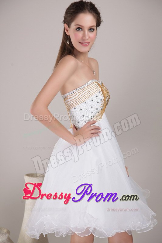 White and Gold A-line weetheart Knee-length Organza Prom Dress with Beading