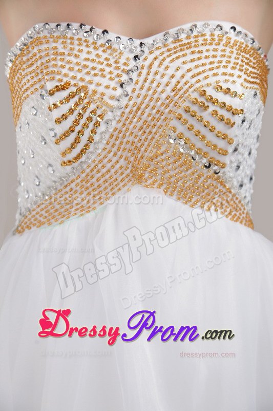 White and Gold A-line weetheart Knee-length Organza Prom Dress with Beading