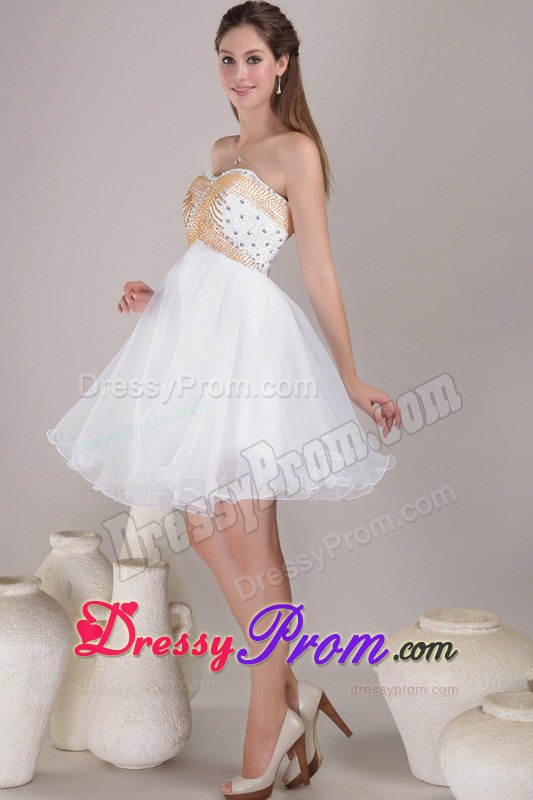 White and Gold A-line weetheart Knee-length Organza Prom Dress with Beading