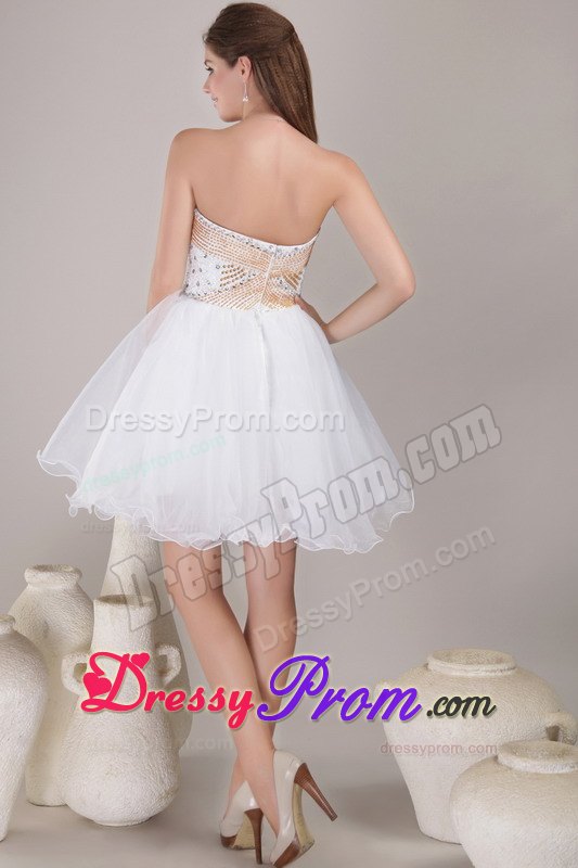 White and Gold A-line weetheart Knee-length Organza Prom Dress with Beading