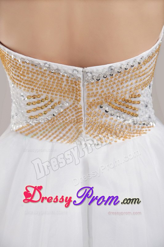 White and Gold A-line weetheart Knee-length Organza Prom Dress with Beading