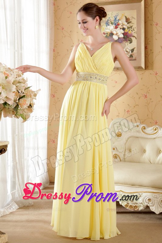 Yellow V-neck Floor-length Chiffon Prom Dress with Beaded Waistband