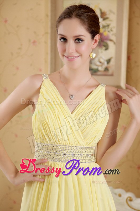 Yellow V-neck Floor-length Chiffon Prom Dress with Beaded Waistband