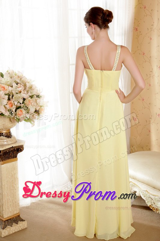 Yellow V-neck Floor-length Chiffon Prom Dress with Beaded Waistband