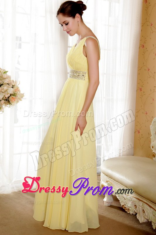 Yellow V-neck Floor-length Chiffon Prom Dress with Beaded Waistband