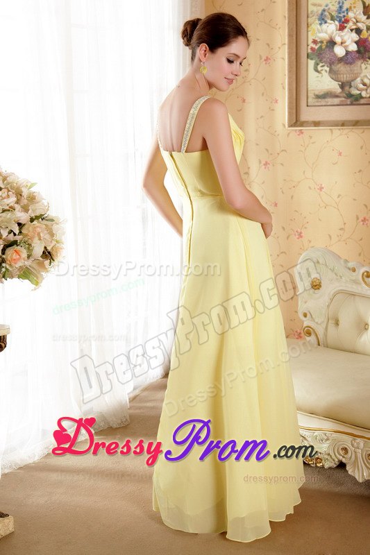 Yellow V-neck Floor-length Chiffon Prom Dress with Beaded Waistband