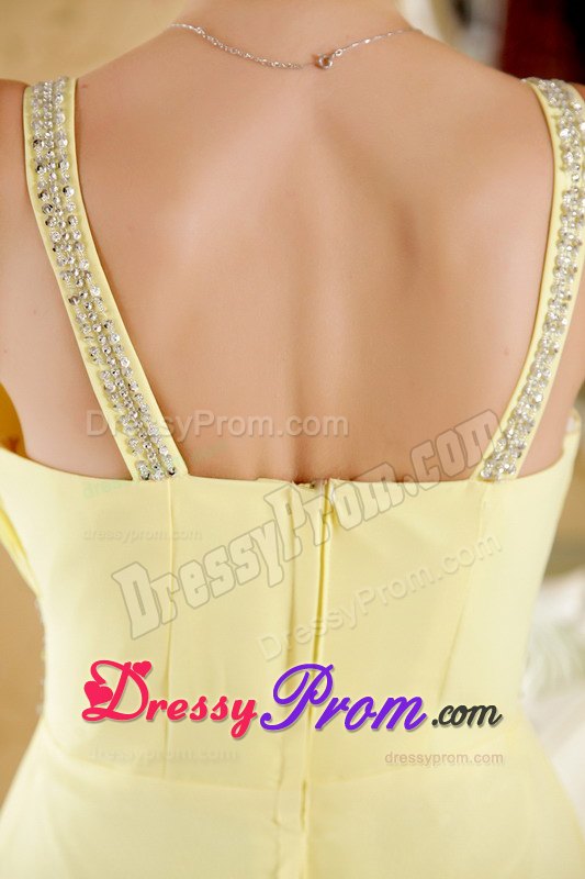 Yellow V-neck Floor-length Chiffon Prom Dress with Beaded Waistband