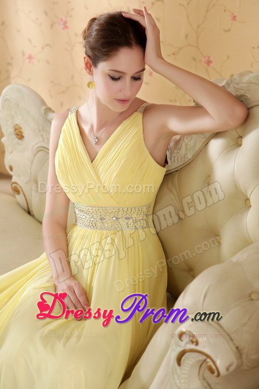 Yellow V-neck Floor-length Chiffon Prom Dress with Beaded Waistband