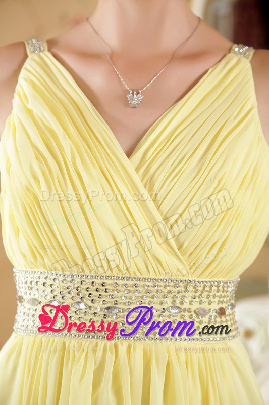 Yellow V-neck Floor-length Chiffon Prom Dress with Beaded Waistband